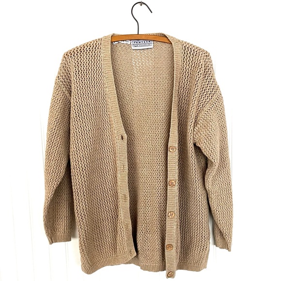 Vintage Fisherman's Sweater Hand Knit Beige Rope Net V-Neck Cardigan Wood Button - Picture 2 of 13
